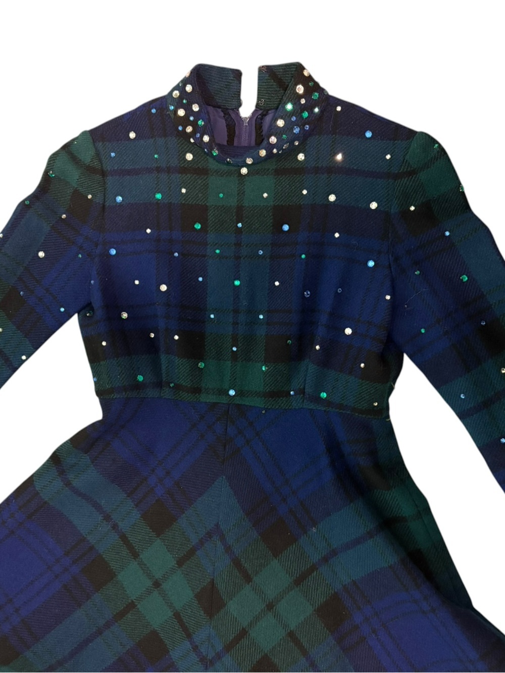 Vintage 1960s Wool Plaid Rhinestone Flare Mini Dress Tartan Pockets Neusteters - Picture 2 of 9
